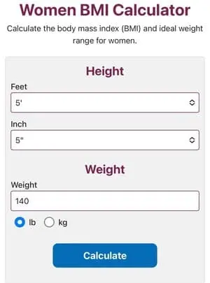 Women's BMI Calculator - Input Example with 5 feet 5 inches and 140 pounds Women's BMI Calculator form with height set to 5 feet 5 inches and weight entered as 140 pounds.